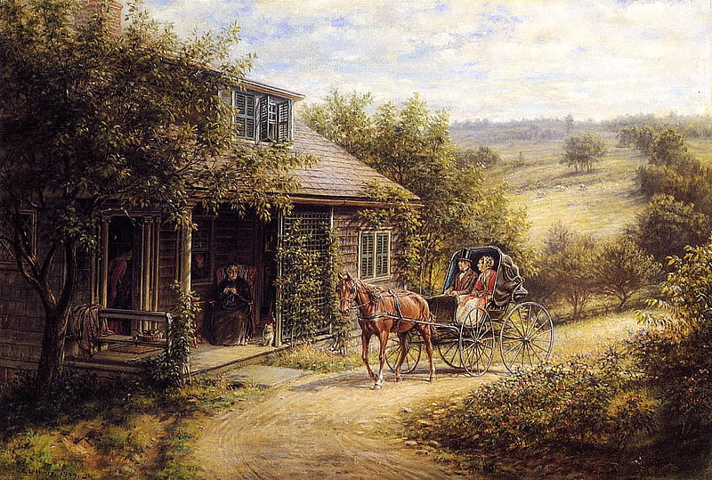 Unexpected Visitor, house, grandma, country, horse, carriage, HD wallpaper
