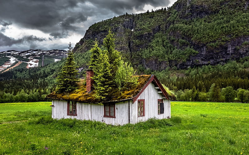 Abandoned Cabin in Norway, mountains, house, roof, clouds, trees, sky, landscape, HD wallpaper