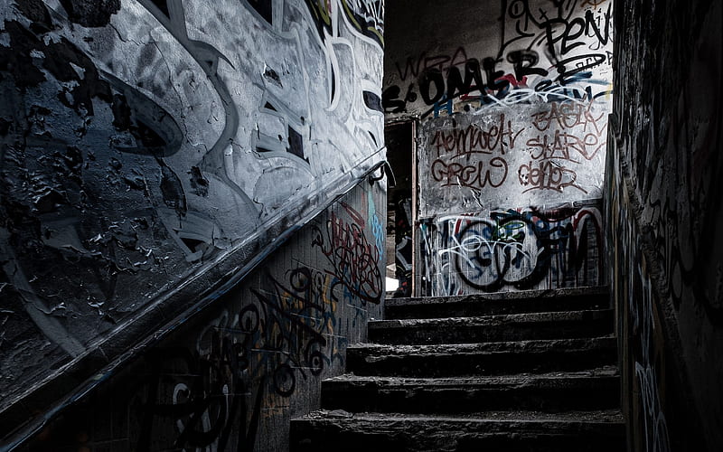 Man Made, Stairs, Abandoned, dark, Graffiti, Interior, Wall, HD wallpaper