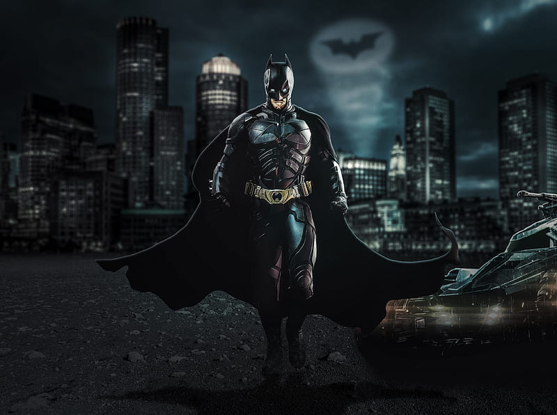 Batman The Dark Knight With Batmobile , batman, artwork, artist, superheroes, digital-art, HD wallpaper
