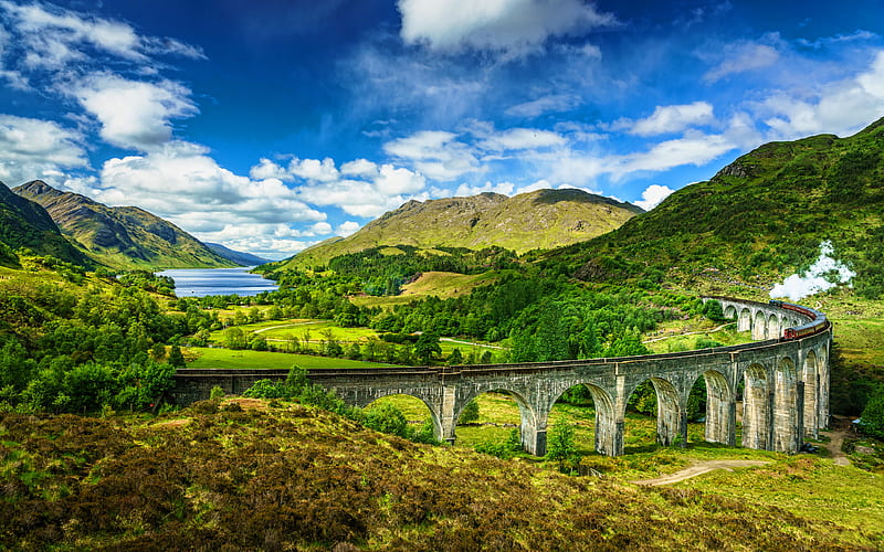 Glenfinnan Viaduct summer, West Highland Line, Glenfinnan, Scotland, viaduct, Great Britain, beautiful nature, HD wallpaper