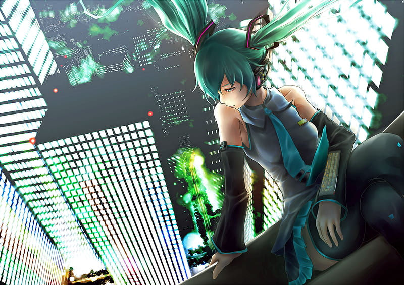 Hatsune Miku, pretty, lights, nice, anime, aqua, beauty, vocaloids, realistic, dangerous, roof, city lights, looking down, twintail, buildings, skirt, miku, sexy, cute, headset, hatsune, cool, awesome, colorful, headphones, tie, rainbow, bonito, thighhighs, city, green, hot, blue eyes, blue, vocaloid, roof tops, skyscrapers, blue hair, HD wallpaper