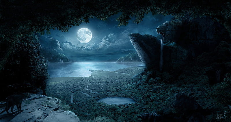 Moonlight, fantasy, moon, statue, jungle, river, abstract, night, HD wallpaper
