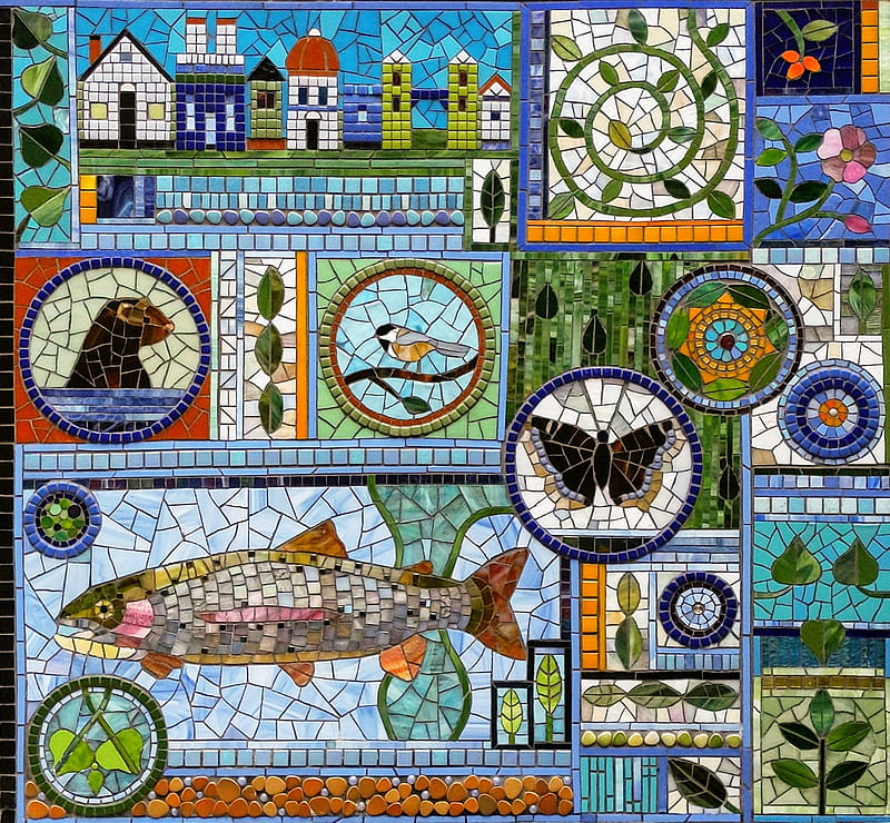 Tile Mosaic, aquarium, farm, fish, murals, outdoors, rural, zoo, HD wallpaper
