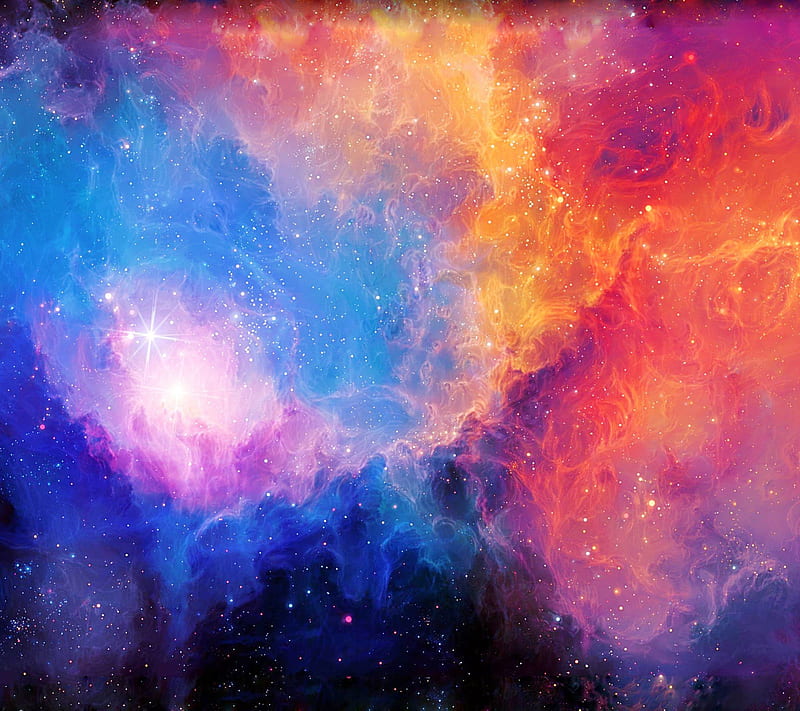 Nebula, clouds, fire, galaxy, outer space, rainbow, space, stars, sun, HD wallpaper