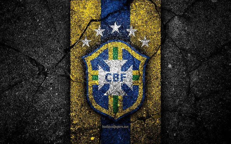 Brazilian football team emblem, grunge, North America, asphalt texture, soccer, Brazil, logo, South American national teams, black stone, Brazil national football team, HD wallpaper