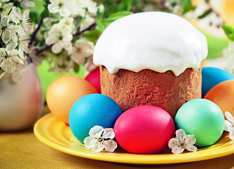 Easter, cake, eggs, flowers, spring, HD wallpaper
