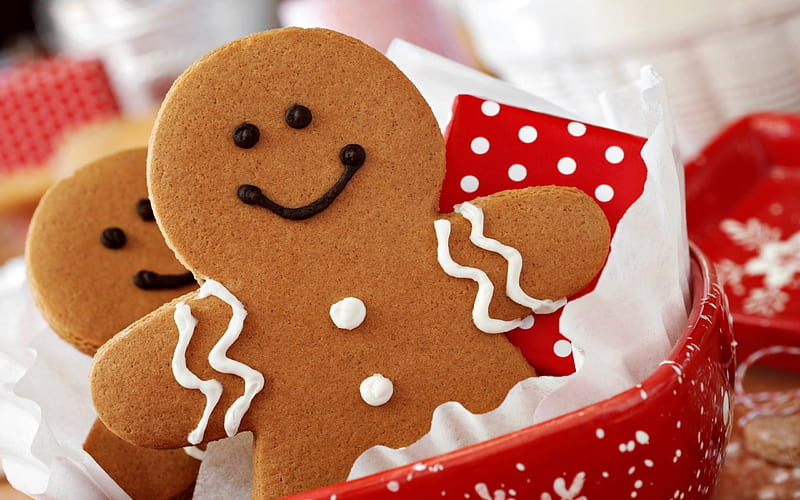 Sweet Smile, red, cookies, christmas, polka dots, smile, joy, gingerbread man, HD wallpaper