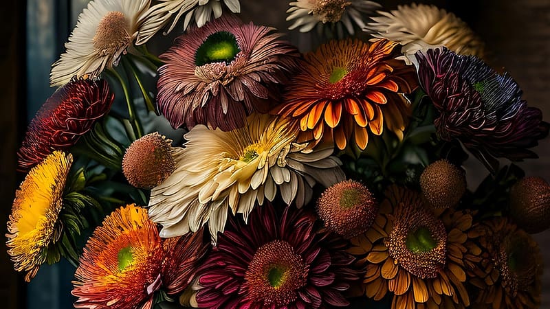 Chrysanthemums, neutrtals, browns, bouquet, fall, naturals, autumn, spummer, flowers, garden, HD wallpaper