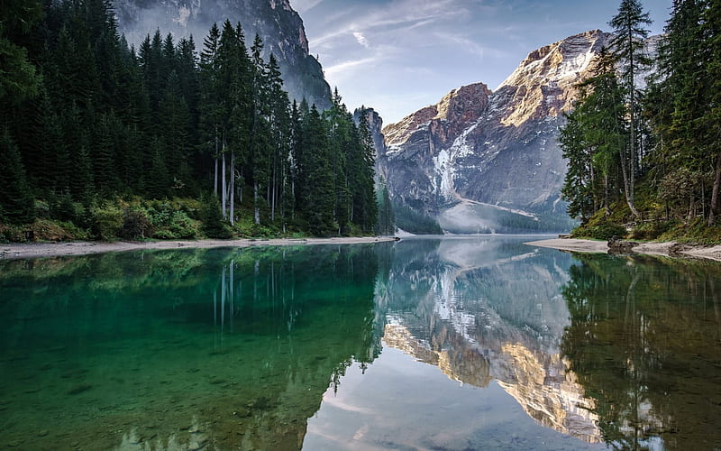 mountain, forest, mountain lake mountain landscape, Italy, Dolomites, HD wallpaper