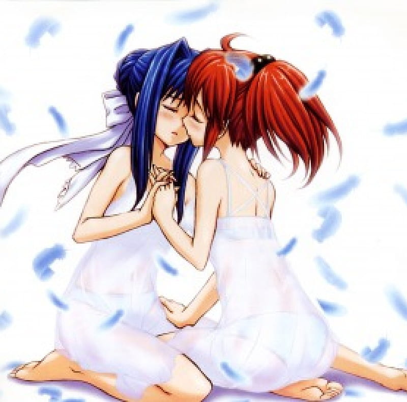 lesbians, closed eyes, two women, anime, anime girls, kissing, yuri, maid