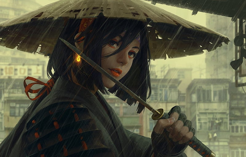 Samurai girl, katana, dark, rain, hat, sword, frumusete, luminos, earrings, guweiz, fantasy, samurai, HD wallpaper
