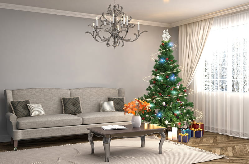 Merry Christmas!, craciun, green, christmas, interior, room, white, sofa, HD wallpaper