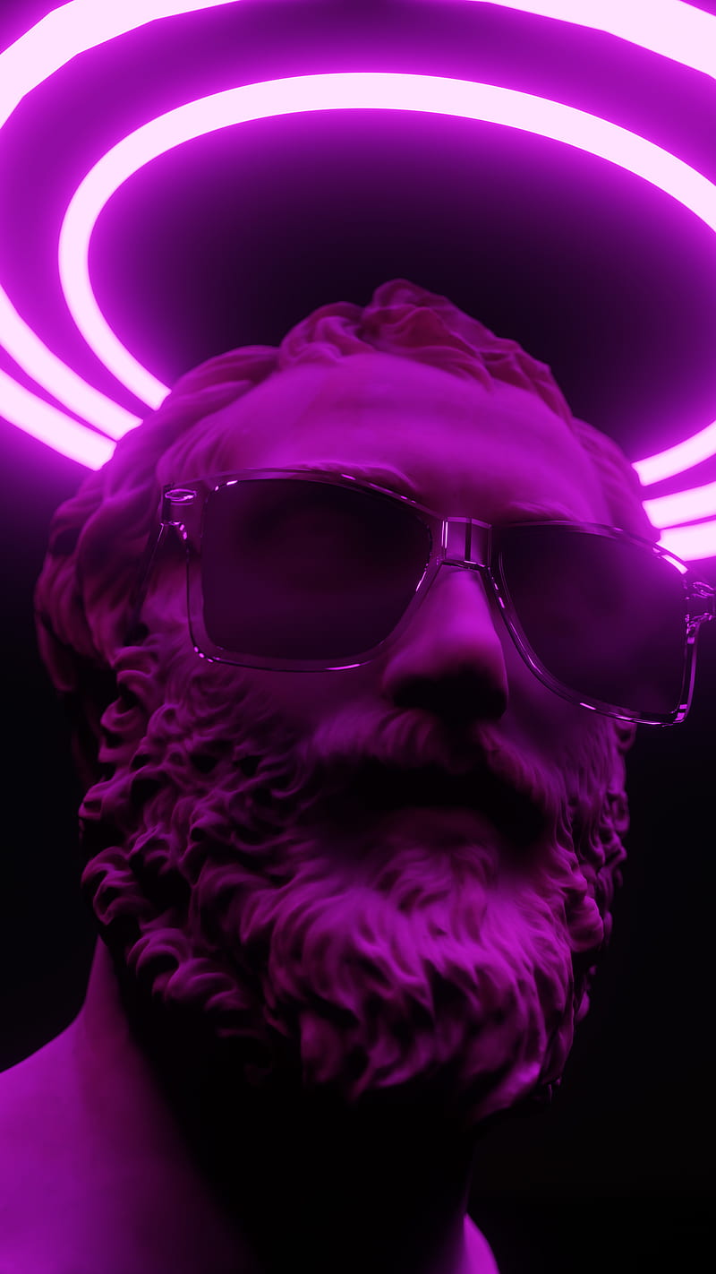 Stay Cool, SKB, black, glass, light, neon, pink, purple, statue, synthwave, HD phone wallpaper