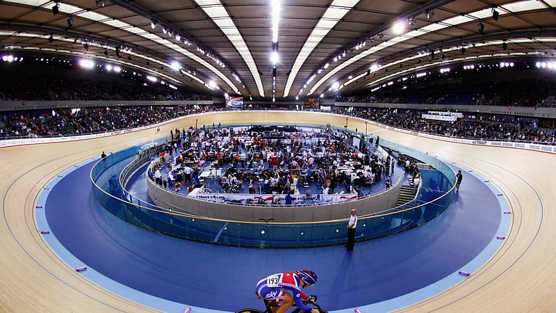 the olympic velodrome in london, track, fisheye, arena, velodrome, bikes, lights, HD wallpaper