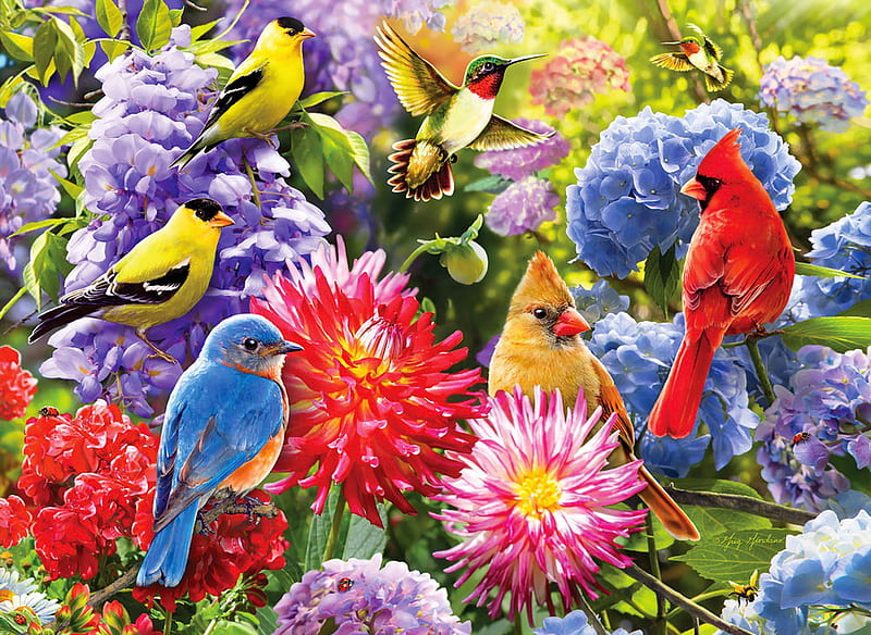 Spring meetup, garden, flowers, birds, fun, joy, freshness, art, spring, bonito, cardinals, gathering, HD wallpaper