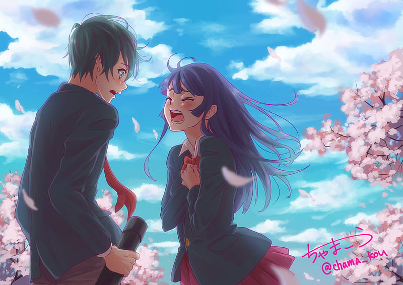 anime couple, sakura blossom, clouds, school uniform, romance, Anime, HD wallpaper