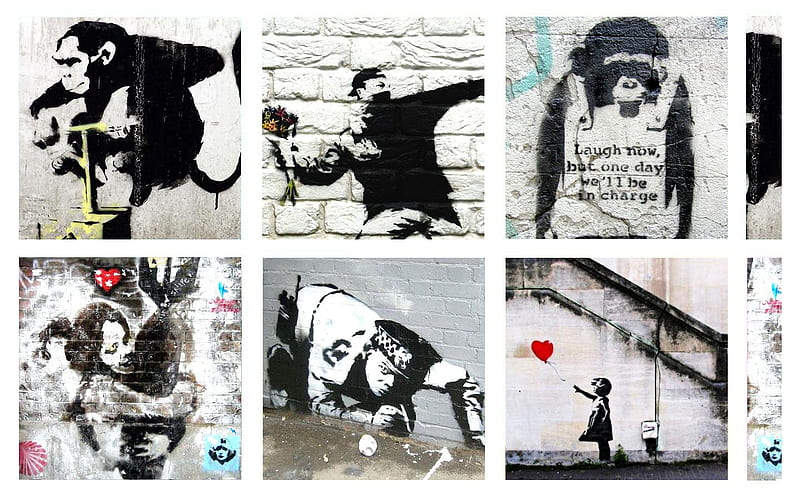 Banksy Collage 2, monkey, art, banksy, cop, heart, graffiti, bomb, HD wallpaper