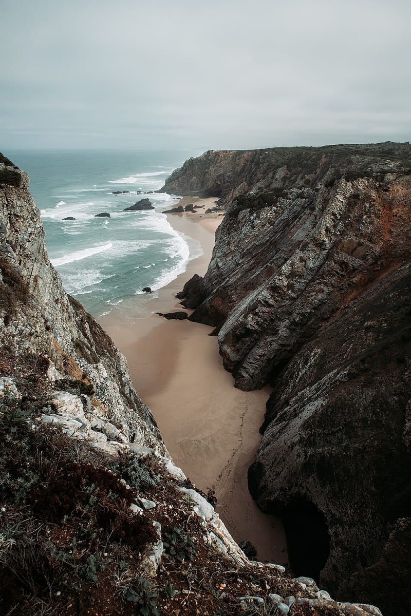 beach, cliffs, coast, landscape, HD phone wallpaper