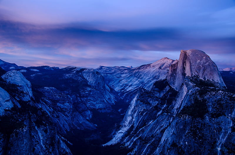 The Blues Fall on Half Dome, Yosemite, river, clouds, sky, valley, landscape, HD wallpaper