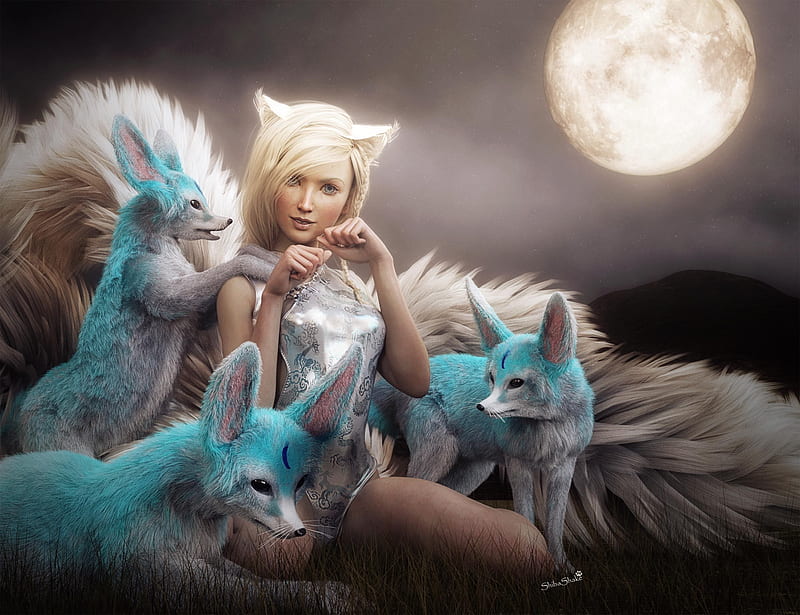 Foxgirl, frumusete, moon, luminos, fantasy, moon, girl, fox, fennec, shibashake, white, blue, HD wallpaper