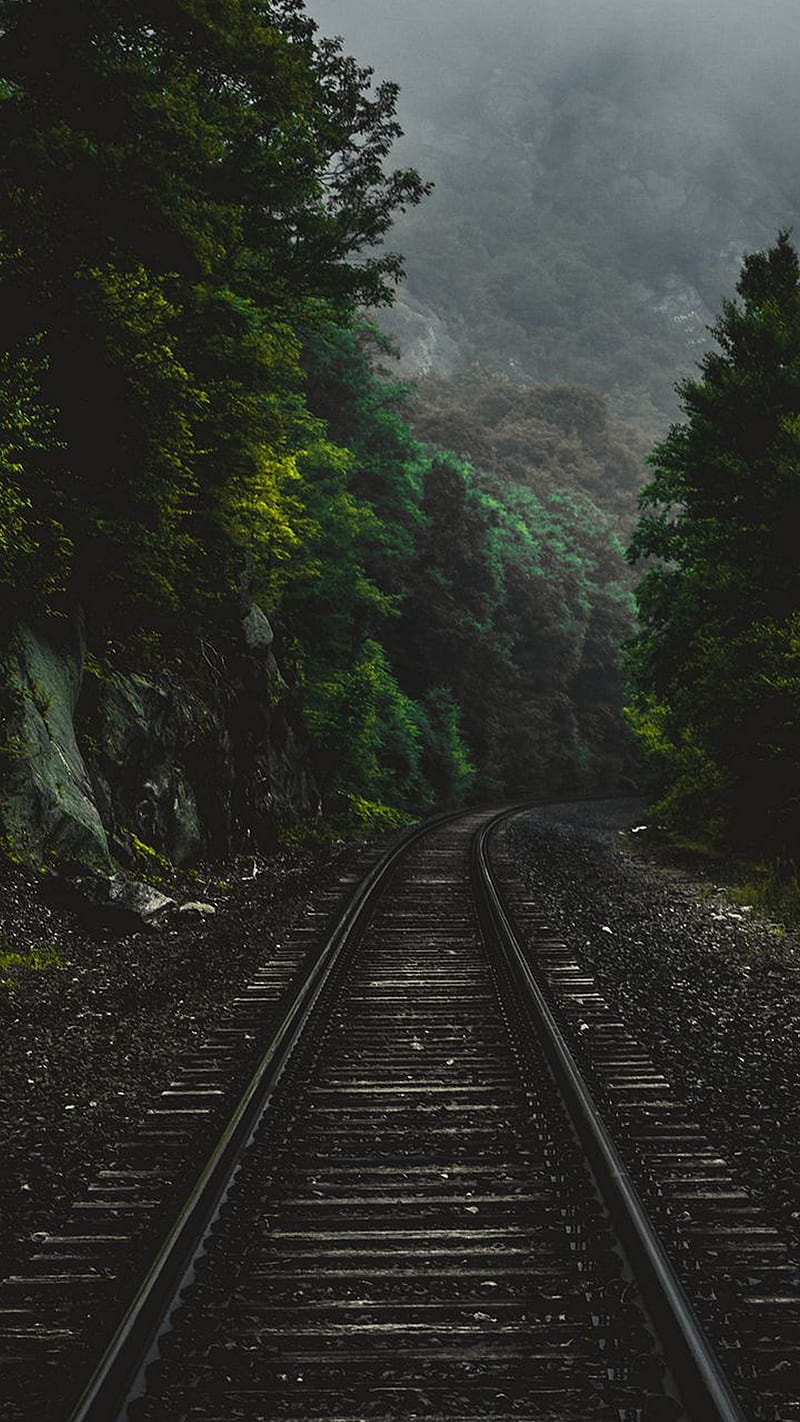 Railway track , dark, railway line, green, HD phone wallpaper