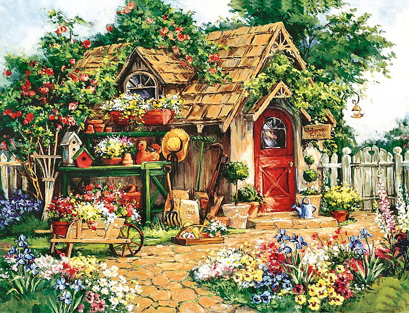 Gardener's Haven F, architecture, art, bonito, shed, artwork, bonnet, haven, painting, flowers, garden, scenery, rakes, landscape, gardener, HD wallpaper