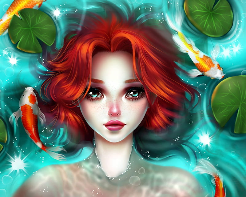 Mermaid, red, lotus, elisabetta raineri, fish, redhead, sirena, fantasy, water, girl, green, summer, face, portrait, blue, HD wallpaper
