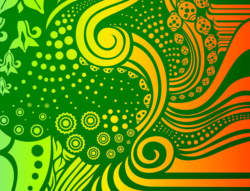 Mixed up, spots, dots, orange, swirls, lines, greens, cirlces, HD wallpaper