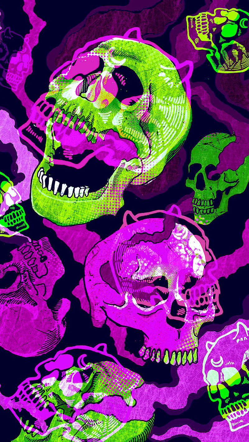 Skulls & candy, green, cool, pattern, purple, creepy, HD phone wallpaper