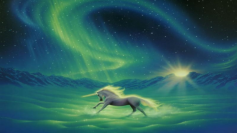 Unicorn, fantasy, luminos, green, aurora borealis, horse, night, winter, HD wallpaper