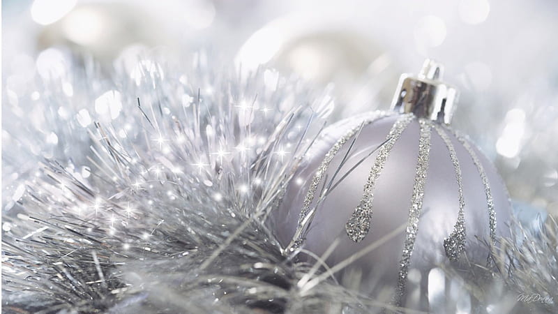 Christmas Silver, Christmas, New Years, tinsel, shine, silver, winter, balls, decorations, white, HD wallpaper