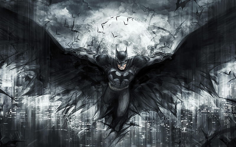 Flying Batman night, artwork, superheroes, bats, Bat-man, Batman, batman at night, batman with bats, HD wallpaper