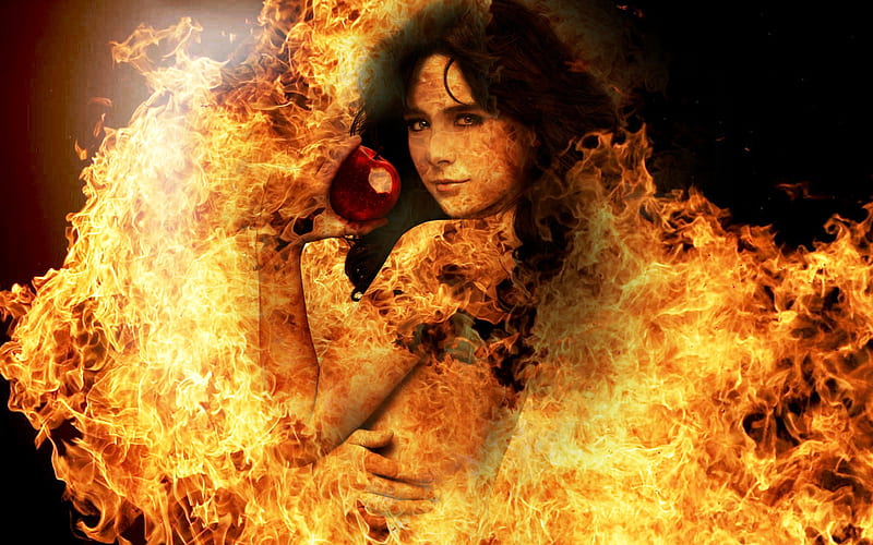 the forbidden fruit, fire, nature, actress, girl, HD wallpaper