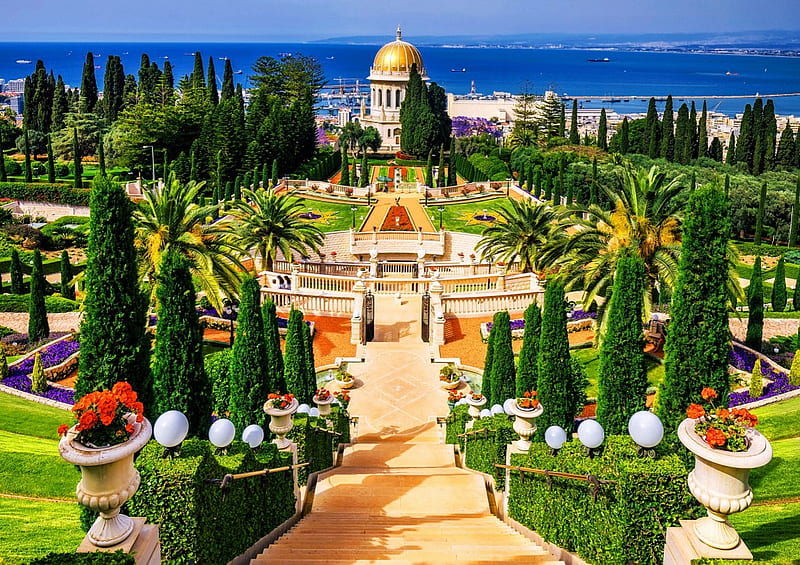 Bahai Gardens, Haifa, Israel, church, trees, sea, palms, park, HD wallpaper