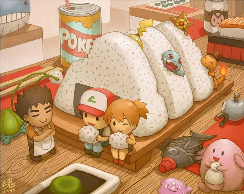 A Small World, origiri, pretty, ash ketchup, pokemon, adore, adorable, eat, sweet, nice, anime, anime girl, female, male, lovely, food, ash, chibi, cute, boy, kawaii, mini, girl, misty, eating, HD wallpaper