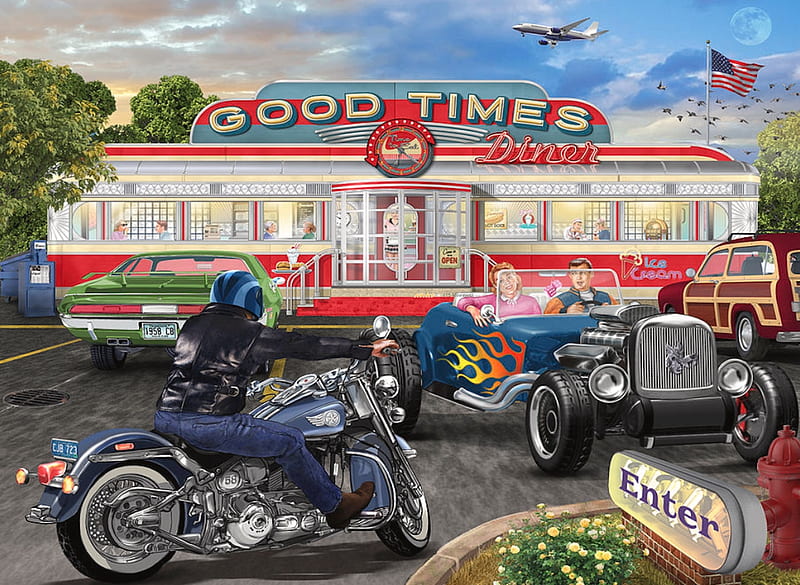 Good Times Diner, moon, plane, hot rod, motorbike, American, diner, jet, flag, painting, HD wallpaper