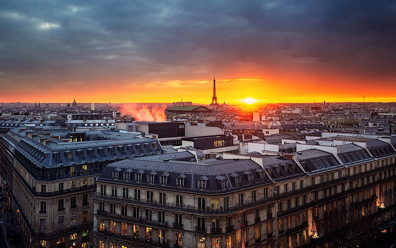 Paris, city panorama, France, capital, sunset, evening, Eiffel Tower, HD wallpaper