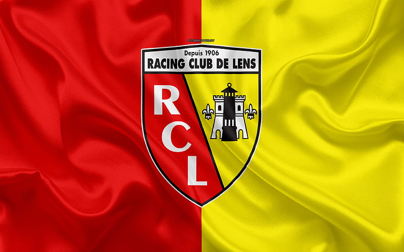 RC Lens silk texture, logo, red yellow silk flag, French football club, emblem, Ligue 2, Lance, France, football, Lens FC, HD wallpaper