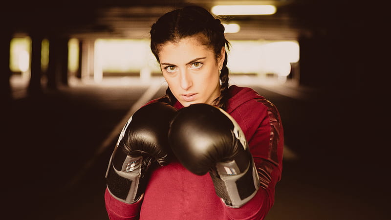 Braid Brown Eyes With Black Boxing Gloves Is Wearing Red Dress Boxing, HD wallpaper