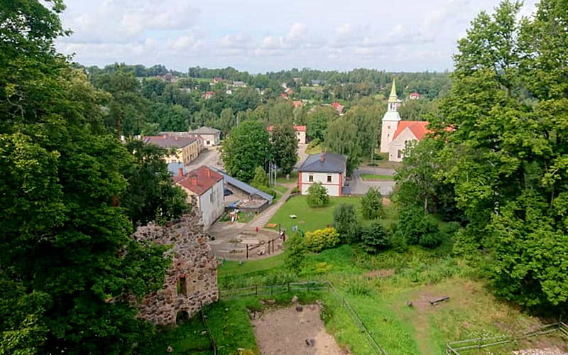 Rauna, Latvia, church, houses, town, Latvia, ruins, trees, HD wallpaper