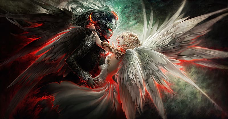 Fantasy, Love, Couple, Wings, Angel, Demon, Good Vs Evil, HD wallpaper