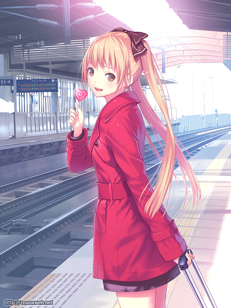 anime, anime girls, train station, long hair, blonde, brown eyes, Mana Wara, HD phone wallpaper