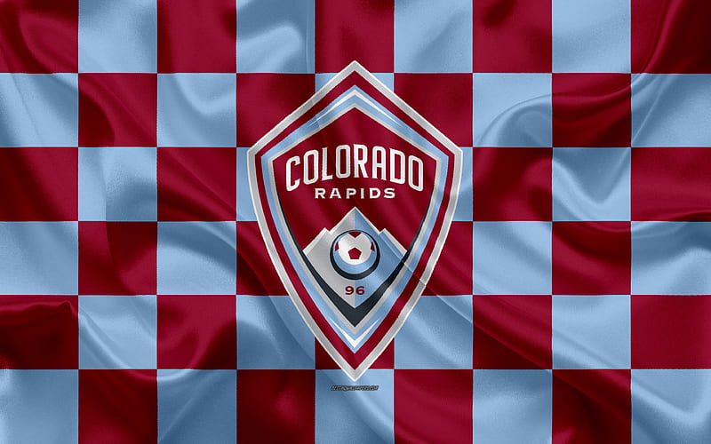 Colorado Rapids logo, creative art, burgundy blue checkered flag, American Soccer club, MLS, emblem, silk texture, Denver, Colorado, USA, football, Major League Soccer, HD wallpaper