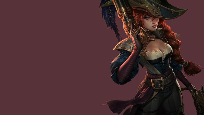 Miss Fortune, red, katarina, redhead, game, black, woman, league of legends, pirate, hat, girl, HD wallpaper