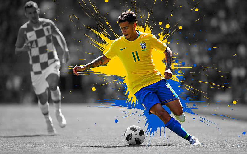 Philippe Coutinho fan art, Brazilian football player, young football star, Brazil national football team, yellow blue splashes of paint, HD wallpaper