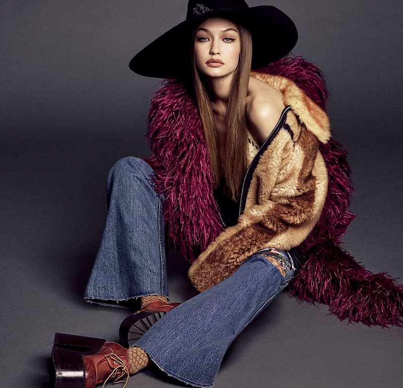 Gigi Hadid, fur, fashion, model, girl, vogue, hat, woman, jeans, HD wallpaper