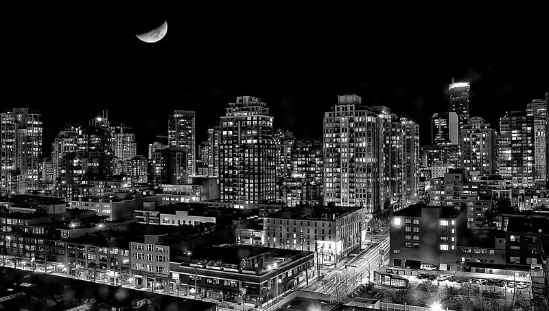 moon over a city in black and white, moon, city, black and white, streets, lights, HD wallpaper