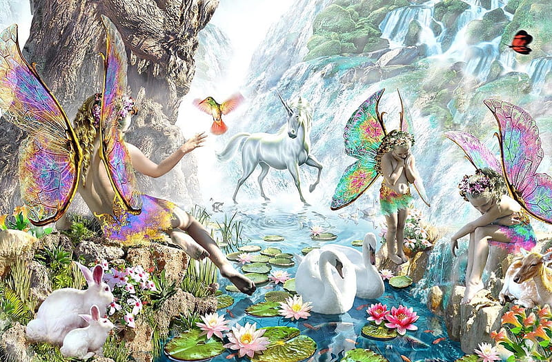Fairies, fantasy, water, girl, bird, adrian chesterman, unicorn, swan, fairy, luminos, HD wallpaper