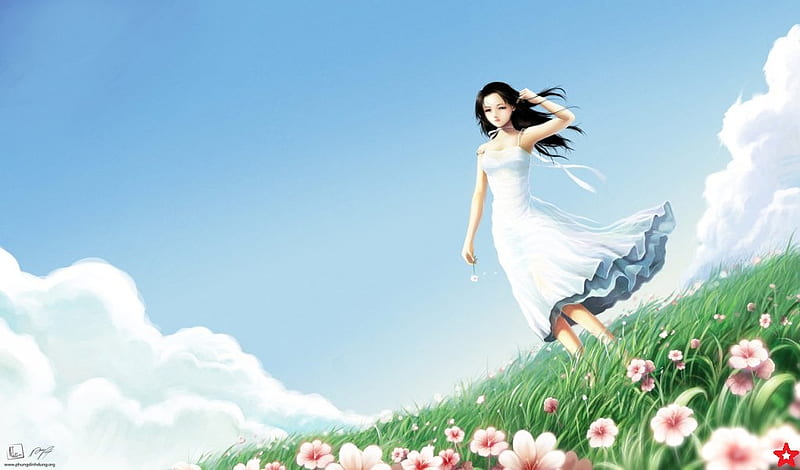 Gone with the wind, female, cloud, scenic, grass, wind, sky, sexy, cute ...